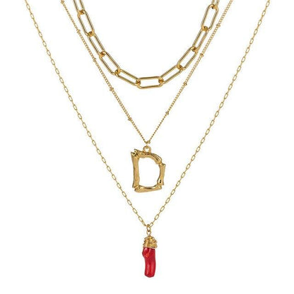 Natural Red Coral Gold Alloy Letter Pendant Long Chain Necklace