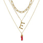 Natural Red Coral Gold Alloy Letter Pendant Long Chain Necklace