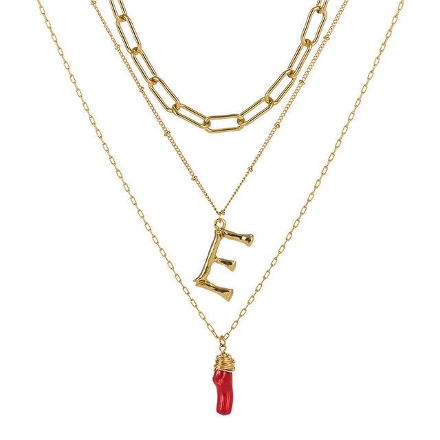 Natural Red Coral Gold Alloy Letter Pendant Long Chain Necklace