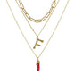 Natural Red Coral Gold Alloy Letter Pendant Long Chain Necklace