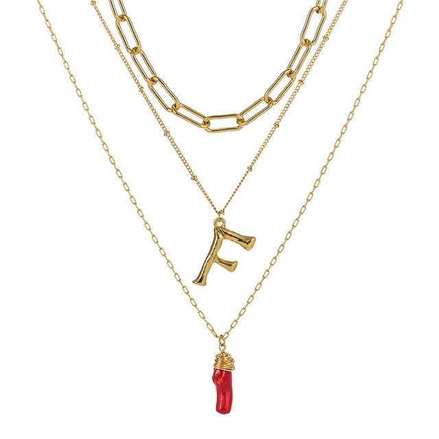 Natural Red Coral Gold Alloy Letter Pendant Long Chain Necklace