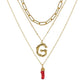 Natural Red Coral Gold Alloy Letter Pendant Long Chain Necklace