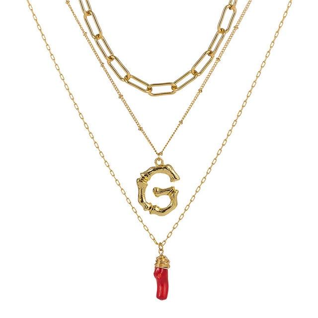 Natural Red Coral Gold Alloy Letter Pendant Long Chain Necklace