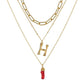 Natural Red Coral Gold Alloy Letter Pendant Long Chain Necklace