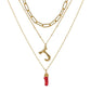 Natural Red Coral Gold Alloy Letter Pendant Long Chain Necklace