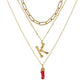 Natural Red Coral Gold Alloy Letter Pendant Long Chain Necklace