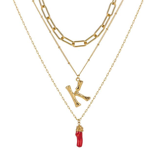 Natural Red Coral Gold Alloy Letter Pendant Long Chain Necklace