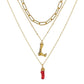 Natural Red Coral Gold Alloy Letter Pendant Long Chain Necklace