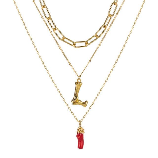 Natural Red Coral Gold Alloy Letter Pendant Long Chain Necklace