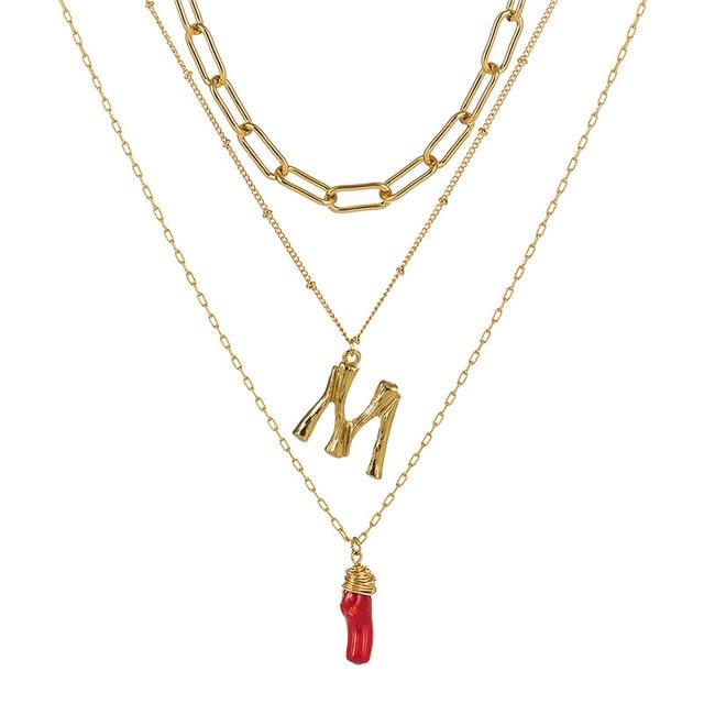 Natural Red Coral Gold Alloy Letter Pendant Long Chain Necklace