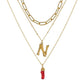 Natural Red Coral Gold Alloy Letter Pendant Long Chain Necklace