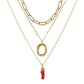 Natural Red Coral Gold Alloy Letter Pendant Long Chain Necklace