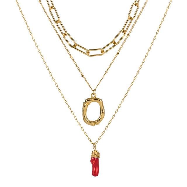 Natural Red Coral Gold Alloy Letter Pendant Long Chain Necklace