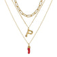 Natural Red Coral Gold Alloy Letter Pendant Long Chain Necklace