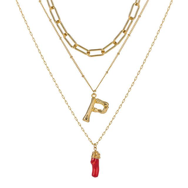 Natural Red Coral Gold Alloy Letter Pendant Long Chain Necklace