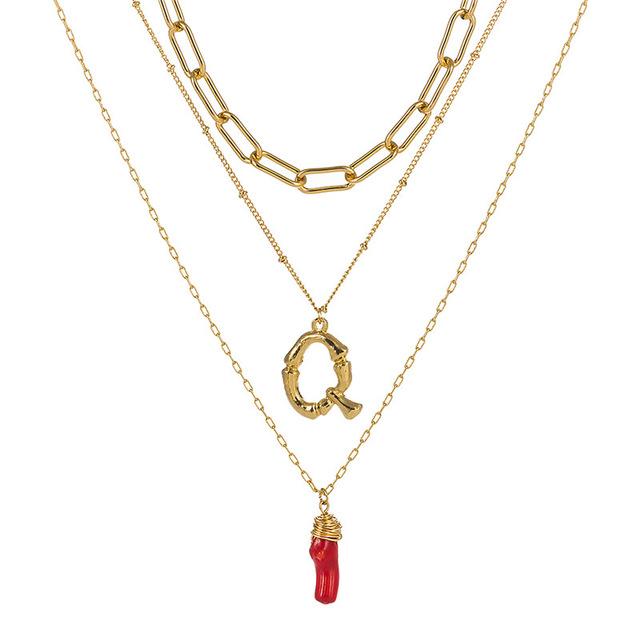 Natural Red Coral Gold Alloy Letter Pendant Long Chain Necklace