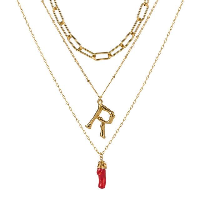 Natural Red Coral Gold Alloy Letter Pendant Long Chain Necklace