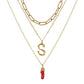 Natural Red Coral Gold Alloy Letter Pendant Long Chain Necklace