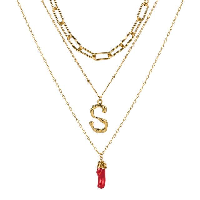 Natural Red Coral Gold Alloy Letter Pendant Long Chain Necklace