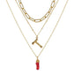 Natural Red Coral Gold Alloy Letter Pendant Long Chain Necklace