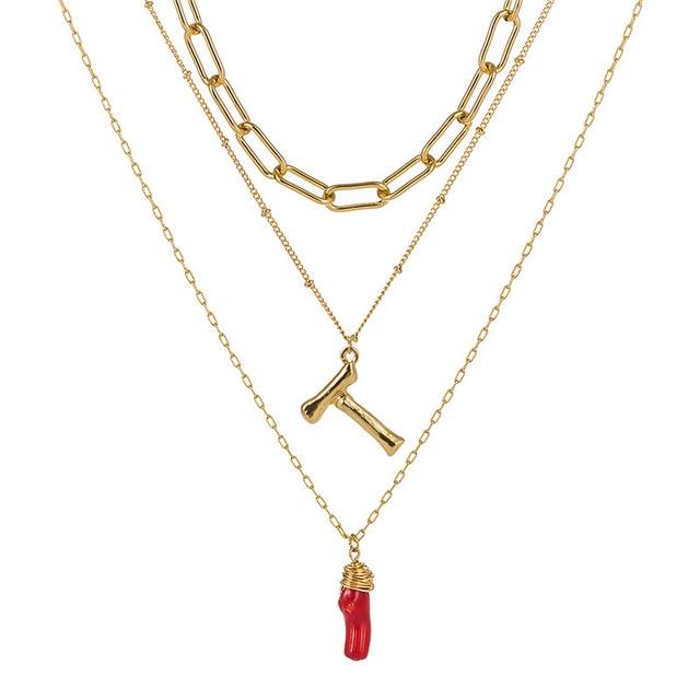 Natural Red Coral Gold Alloy Letter Pendant Long Chain Necklace