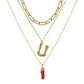 Natural Red Coral Gold Alloy Letter Pendant Long Chain Necklace