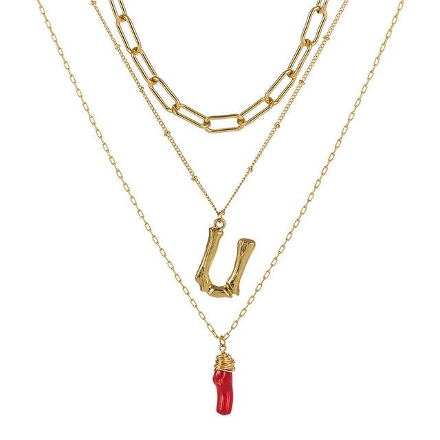 Natural Red Coral Gold Alloy Letter Pendant Long Chain Necklace