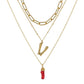 Natural Red Coral Gold Alloy Letter Pendant Long Chain Necklace