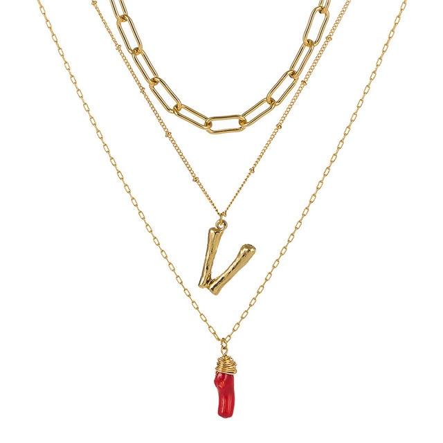 Natural Red Coral Gold Alloy Letter Pendant Long Chain Necklace