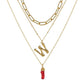 Natural Red Coral Gold Alloy Letter Pendant Long Chain Necklace