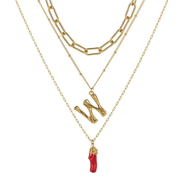 Natural Red Coral Gold Alloy Letter Pendant Long Chain Necklace