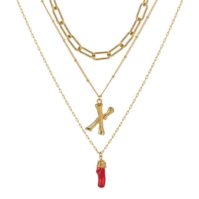 Natural Red Coral Gold Alloy Letter Pendant Long Chain Necklace