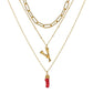 Natural Red Coral Gold Alloy Letter Pendant Long Chain Necklace