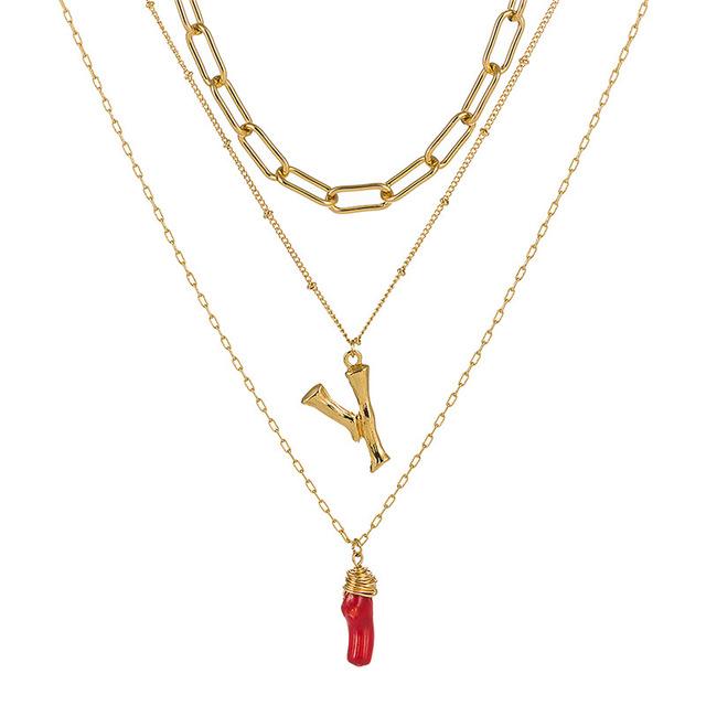 Natural Red Coral Gold Alloy Letter Pendant Long Chain Necklace