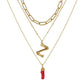 Natural Red Coral Gold Alloy Letter Pendant Long Chain Necklace