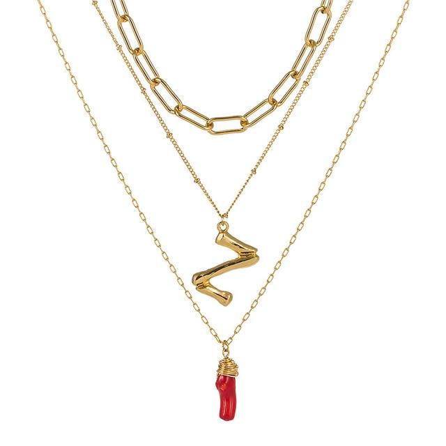 Natural Red Coral Gold Alloy Letter Pendant Long Chain Necklace