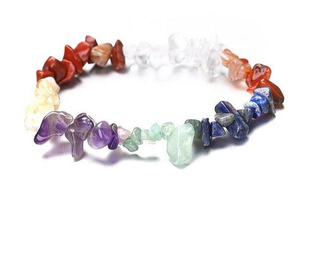 Charming Perfections Chakra Chipped Multistone Chakra Natural Crystal Stone Stretch Bracelet Jewelry with White background for Gift, Birthday, Anniversary, Wedding, Christmas Friendship and Holiday. 