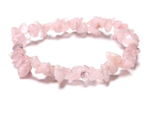 Charming Perfections Chakra Chipped Pink Rose Quartz Chakra Natural Crystal Stone Stretch Bracelet Jewelry with White background for Gift, Birthday, Anniversary, Wedding, Christmas Friendship and Holiday.