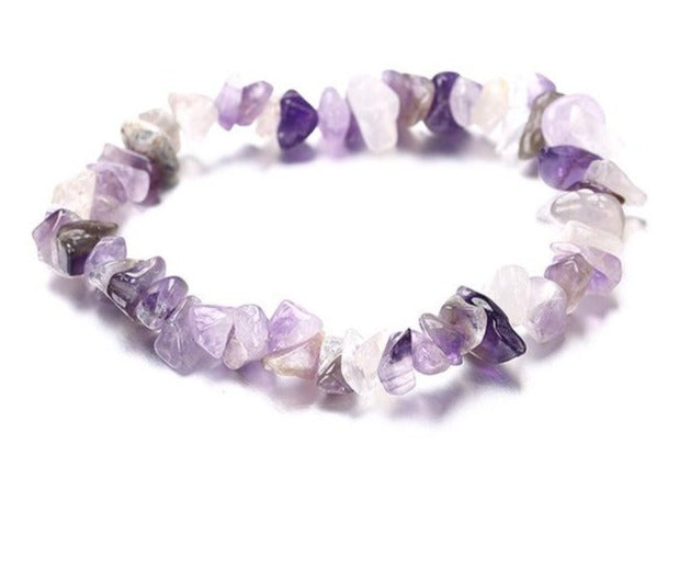 Charming Perfections Chakra Chipped Purple Amethyst Chakra Natural Crystal Stone Stretch Bracelet Jewelry with White background for Gift, Birthday, Anniversary, Wedding, Christmas Friendship and Holiday.