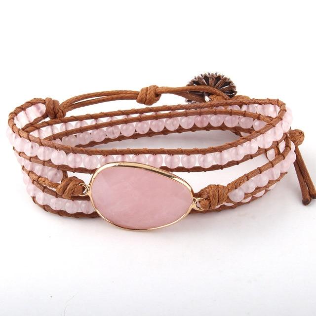 Charming Perfections Pink Rose Quartz Crystal Natural Stone Wrap Bracelet Jewelry with white background for Gift, Birthday, Anniversary, Wedding, Christmas Friendship and Holiday