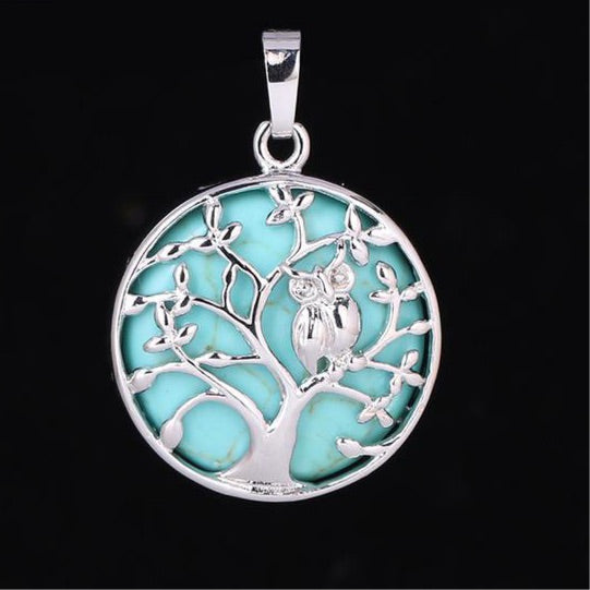 Natural Handmade Stone Tree of Life Pendant W/ Owl