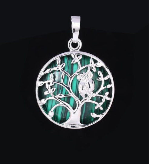 Natural Handmade Stone Tree of Life Pendant W/ Owl