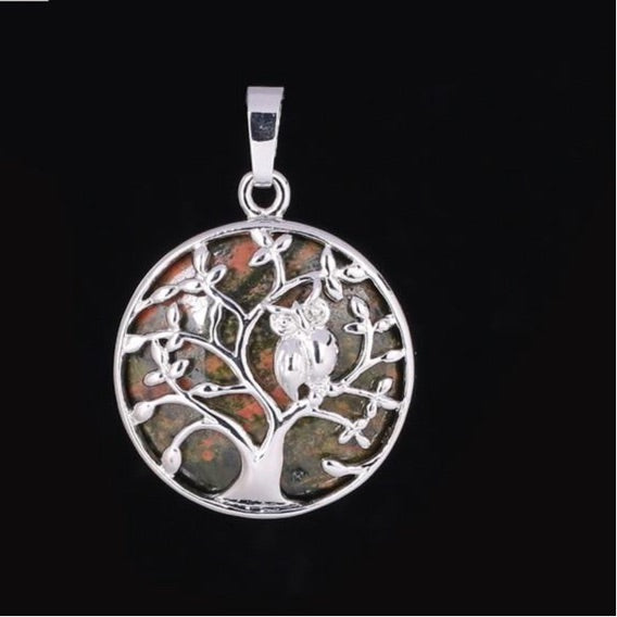 Natural Handmade Stone Tree of Life Pendant W/ Owl