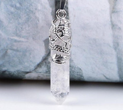 Charming Perfections Clear Quartz Crystal Natural Stone Pendant Necklace Jewelry with gray white background for Gift, Birthday, Anniversary, Wedding, Christmas Friendship and Holiday