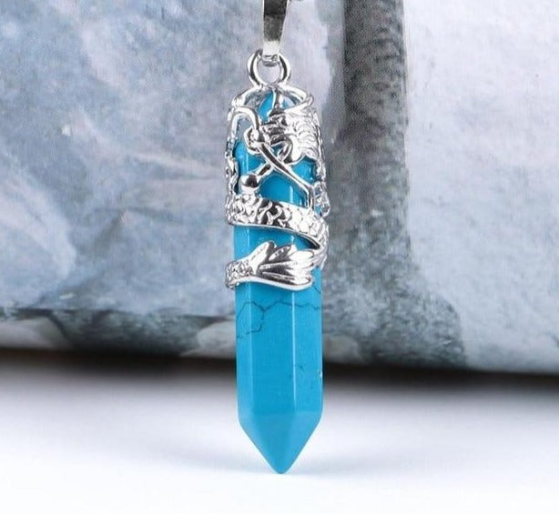 Charming Perfections Blue Turquoise Crystal Natural Stone Pendant Necklace Jewelry with gray white background for Gift, Birthday, Anniversary, Wedding, Christmas Friendship and Holiday