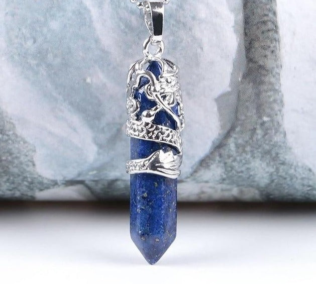 Charming Perfections Blue Lapis Lazuli Crystal Natural Stone Pendant Necklace Jewelry with gray white background for Gift, Birthday, Anniversary, Wedding, Christmas Friendship and Holiday