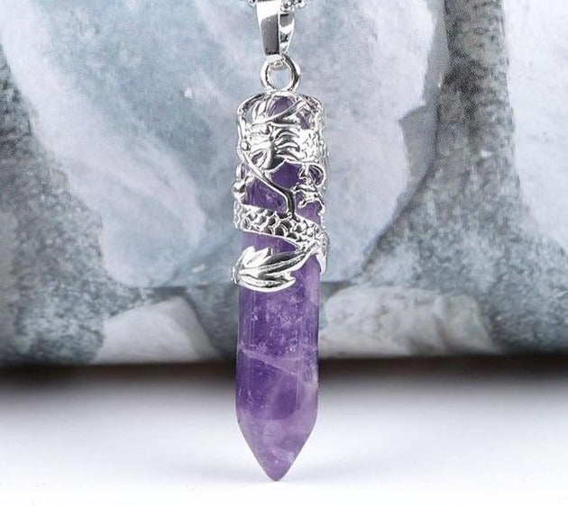 Charming Perfections Amethyst Crystal Natural Stone Pendant Necklace Jewelry with gray white background for Gift, Birthday, Anniversary, Wedding, Christmas Friendship and Holiday